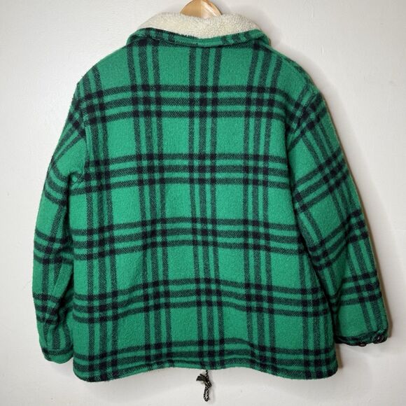 Vintage LL Bean Wool Plaid Jacket Sherpa Lined Green Zip Coat USA Made Large - Picture 5 of 10